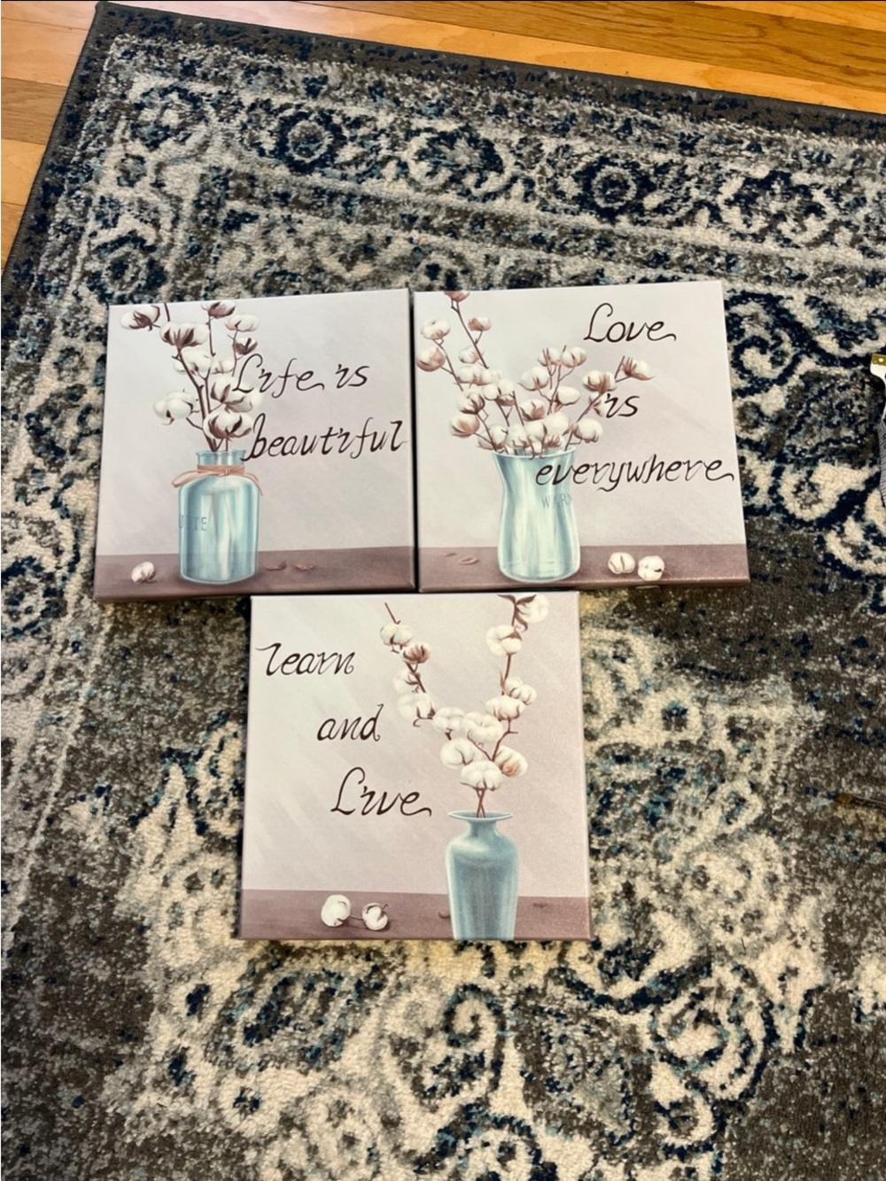 Cotton Branch Wall Art Trio in Soft Blue and Neutral Tones